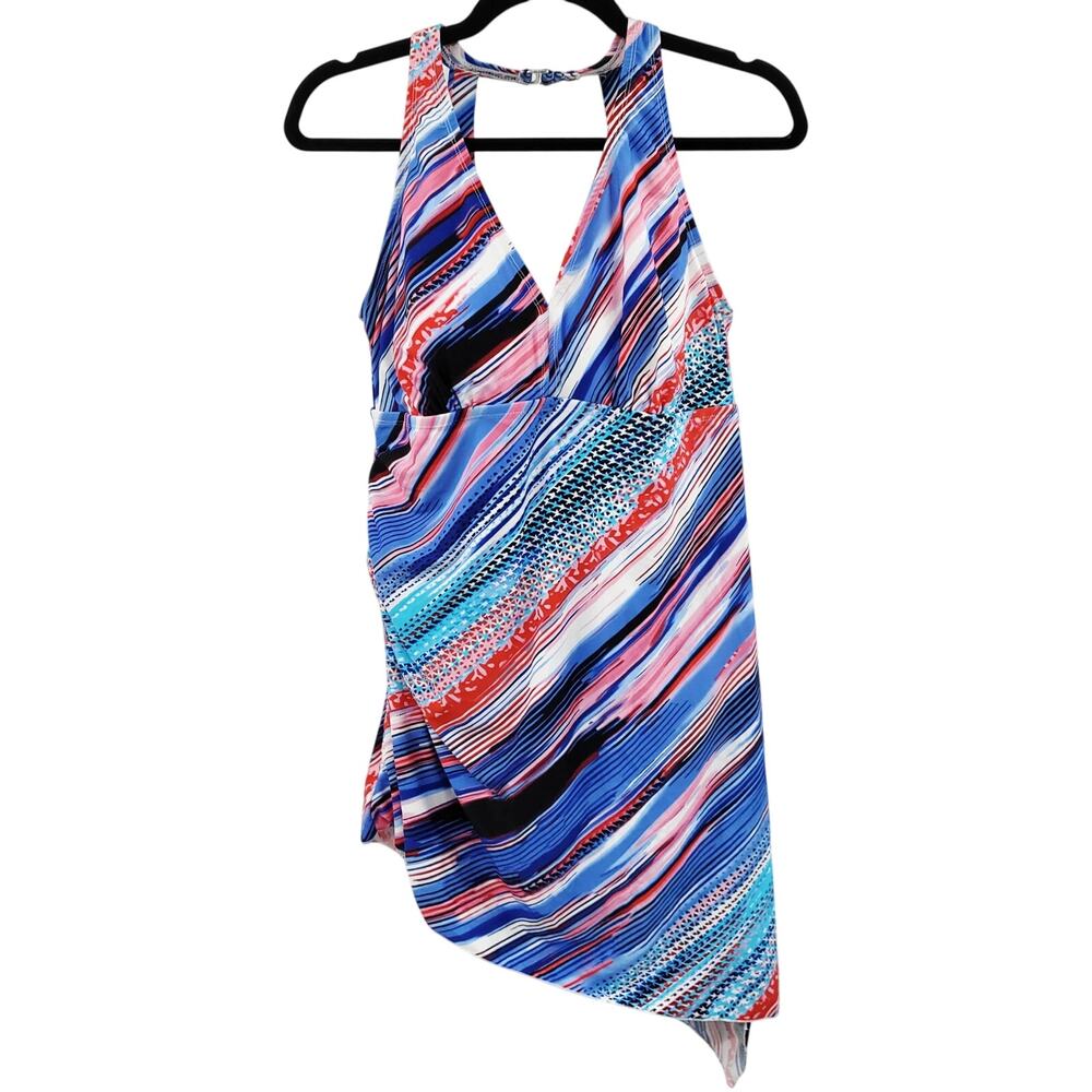 Swim 365 Halter Asymmetrical Striped V-Neck Swim Dress Tankini Plus Size 14